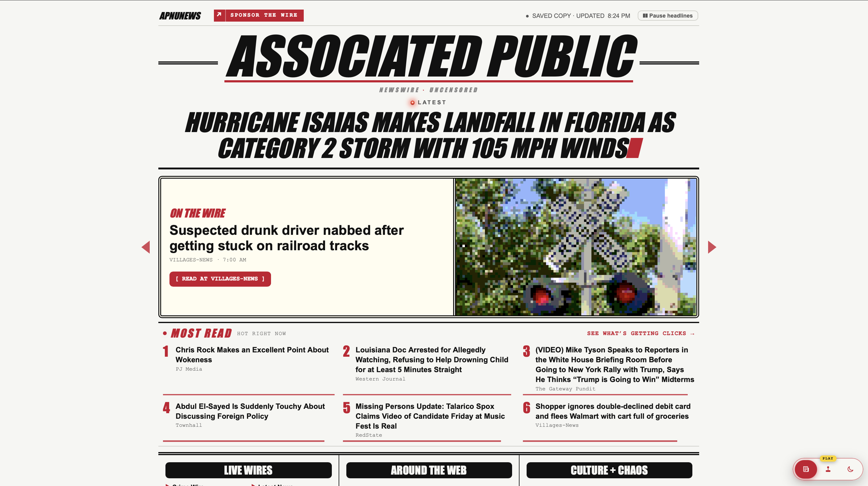 ASSOCIATED PUBLIC Newsprint theme with masthead, pixelated lead image, and Most Read